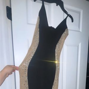 LONG BLACK AND NUDE DIAMOND PROM DRESS